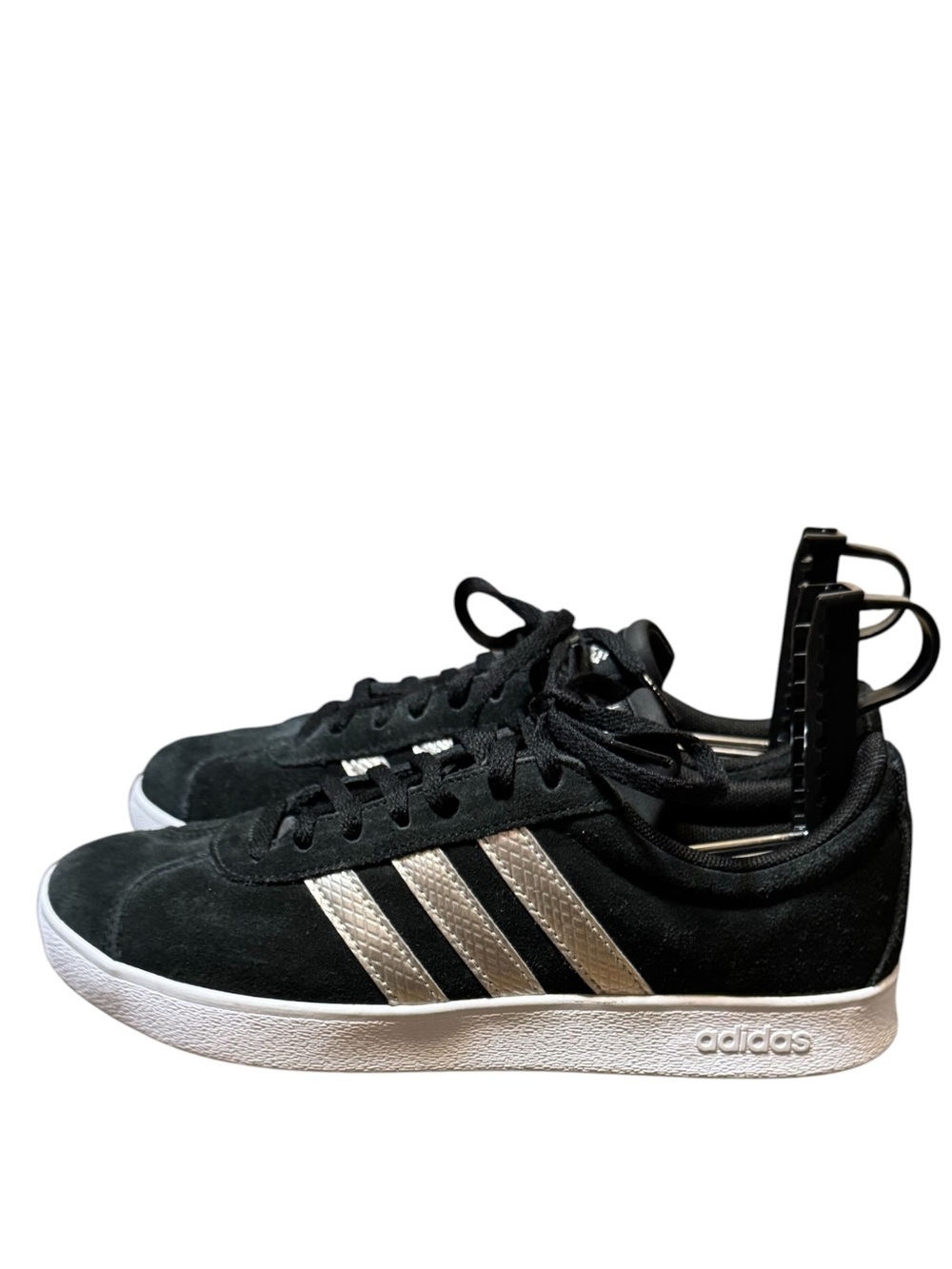 adidas VL Court 2.0 Women’s Black Suede Sneakers Metallic Silver Stripes Sz 6.5